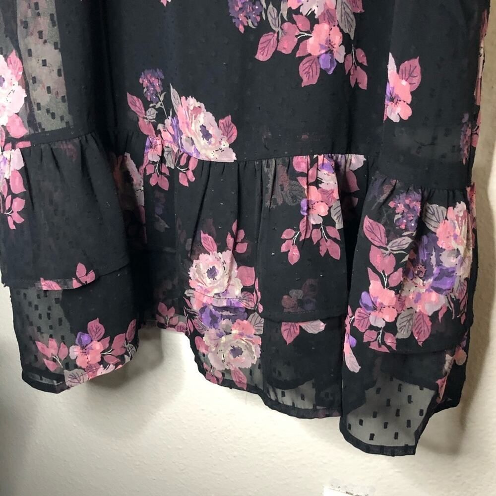 Express Black Floral Clip Dot Tiered Midi Dress - Picture 8 of 12